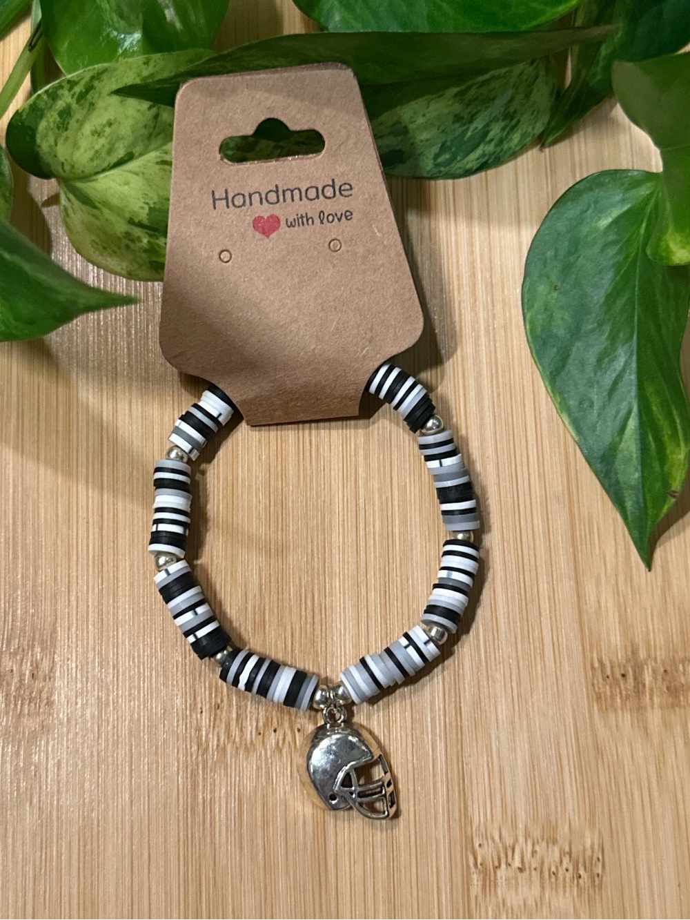 🏈✨ Football Stretchy Beaded Bracelet | Handmade | Silver Football Dangle Charm